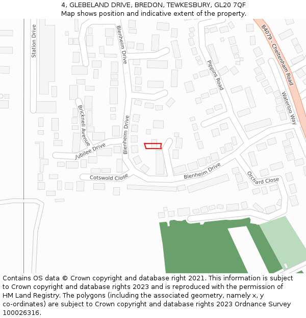 4, GLEBELAND DRIVE, BREDON, TEWKESBURY, GL20 7QF: Location map and indicative extent of plot