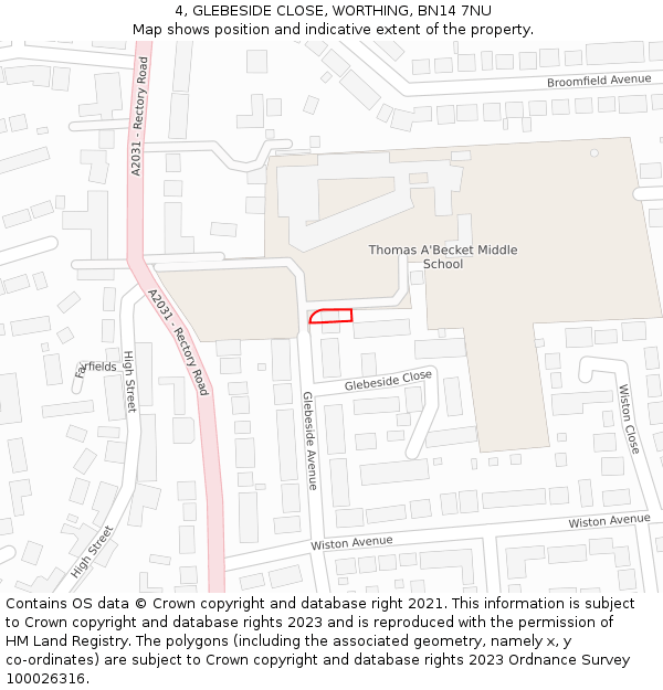 4, GLEBESIDE CLOSE, WORTHING, BN14 7NU: Location map and indicative extent of plot