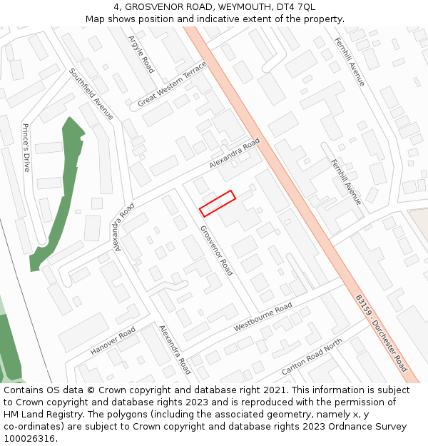 4, GROSVENOR ROAD, WEYMOUTH, DT4 7QL: Location map and indicative extent of plot