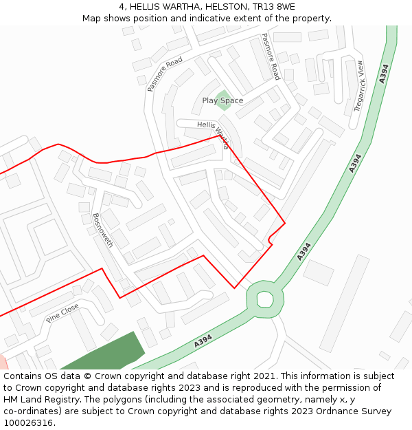 4, HELLIS WARTHA, HELSTON, TR13 8WE: Location map and indicative extent of plot