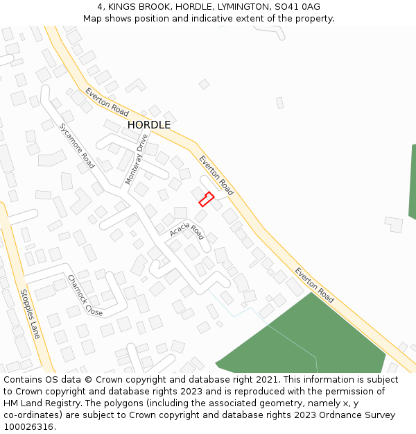 4, KINGS BROOK, HORDLE, LYMINGTON, SO41 0AG: Location map and indicative extent of plot