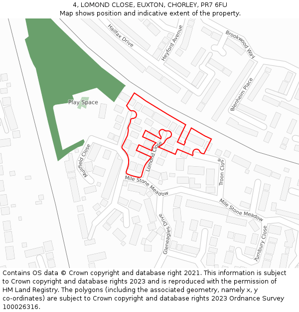 4, LOMOND CLOSE, EUXTON, CHORLEY, PR7 6FU: Location map and indicative extent of plot
