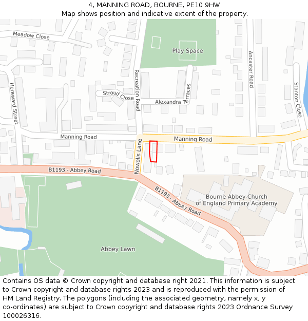 4, MANNING ROAD, BOURNE, PE10 9HW: Location map and indicative extent of plot