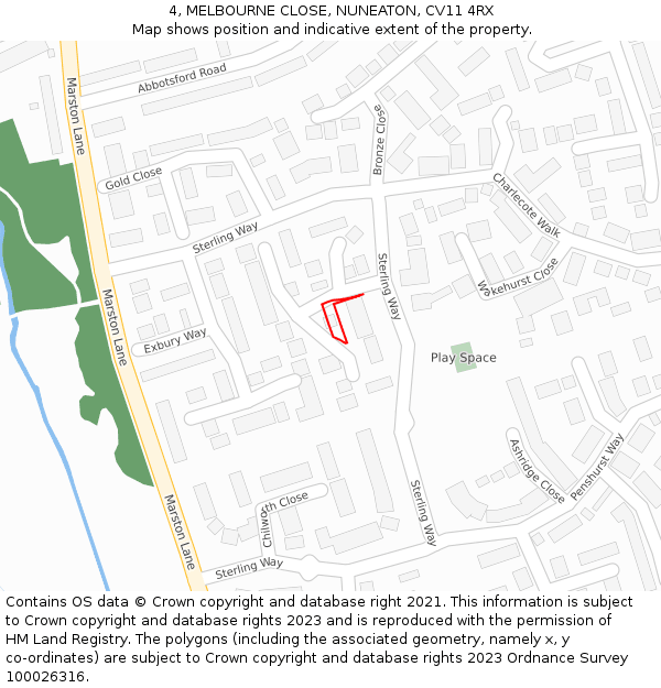 4, MELBOURNE CLOSE, NUNEATON, CV11 4RX: Location map and indicative extent of plot