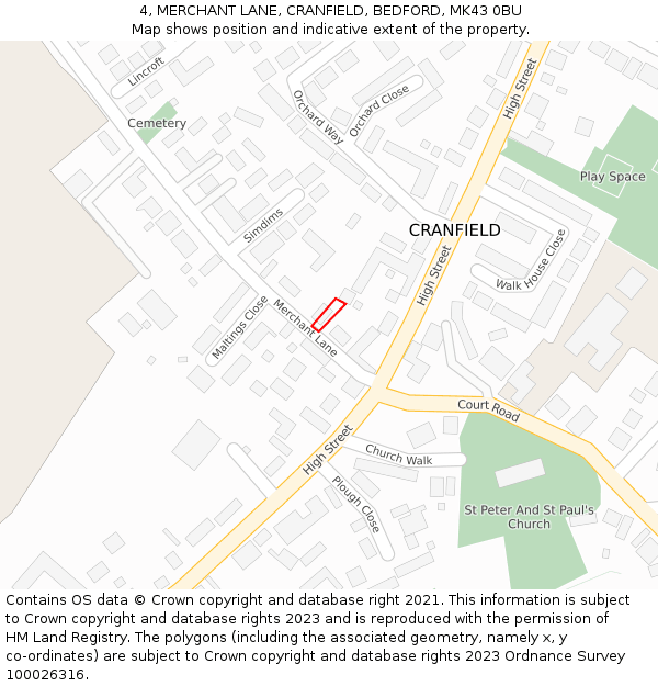 4, MERCHANT LANE, CRANFIELD, BEDFORD, MK43 0BU: Location map and indicative extent of plot