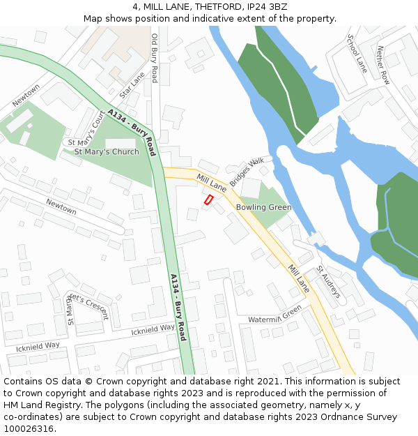 4, MILL LANE, THETFORD, IP24 3BZ: Location map and indicative extent of plot