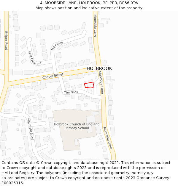 4, MOORSIDE LANE, HOLBROOK, BELPER, DE56 0TW: Location map and indicative extent of plot