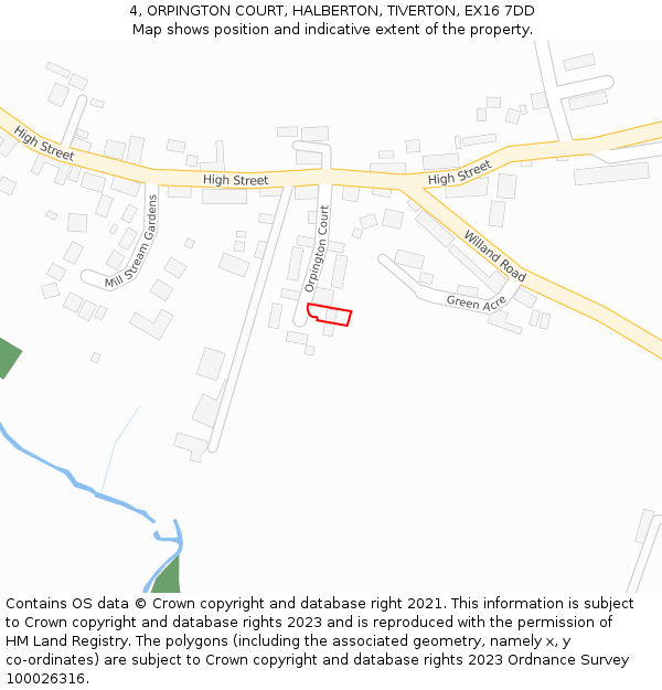 4, ORPINGTON COURT, HALBERTON, TIVERTON, EX16 7DD: Location map and indicative extent of plot