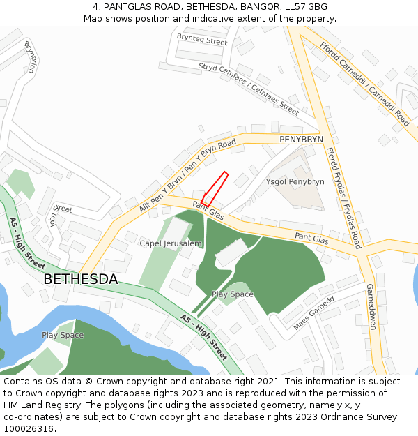 4, PANTGLAS ROAD, BETHESDA, BANGOR, LL57 3BG: Location map and indicative extent of plot