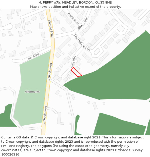 4, PERRY WAY, HEADLEY, BORDON, GU35 8NE: Location map and indicative extent of plot
