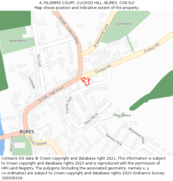 4, PILGRIMS COURT, CUCKOO HILL, BURES, CO8 5LF: Location map and indicative extent of plot