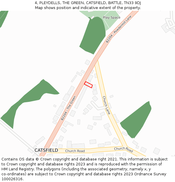 4, PLEYDELLS, THE GREEN, CATSFIELD, BATTLE, TN33 9DJ: Location map and indicative extent of plot
