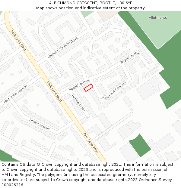 4, RICHMOND CRESCENT, BOOTLE, L30 6YE: Location map and indicative extent of plot