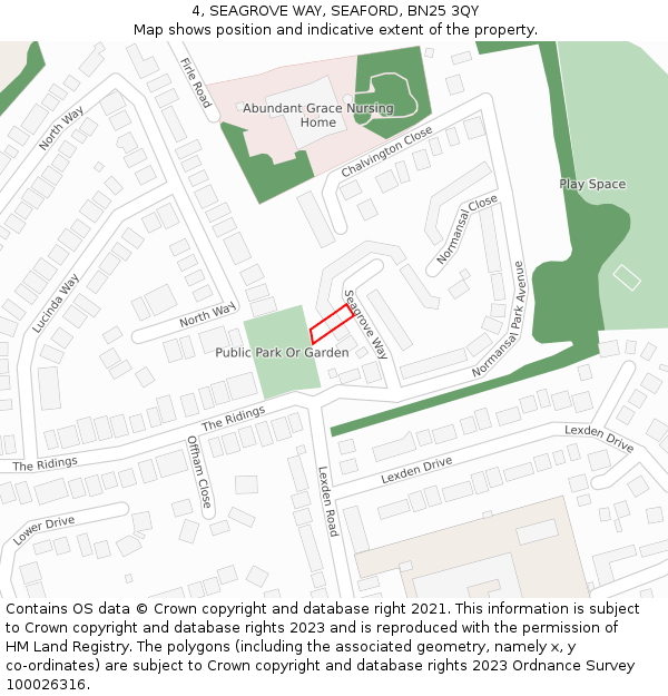 4, SEAGROVE WAY, SEAFORD, BN25 3QY: Location map and indicative extent of plot