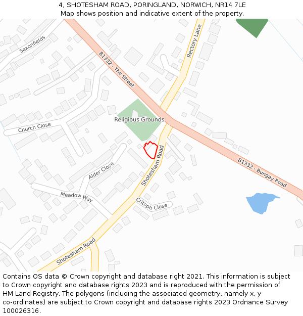 4, SHOTESHAM ROAD, PORINGLAND, NORWICH, NR14 7LE: Location map and indicative extent of plot