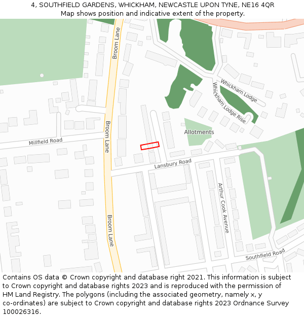 4, SOUTHFIELD GARDENS, WHICKHAM, NEWCASTLE UPON TYNE, NE16 4QR: Location map and indicative extent of plot