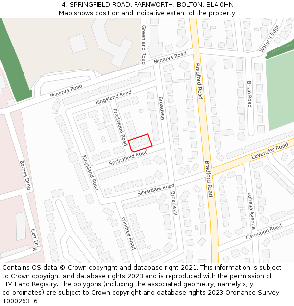 4, SPRINGFIELD ROAD, FARNWORTH, BOLTON, BL4 0HN: Location map and indicative extent of plot