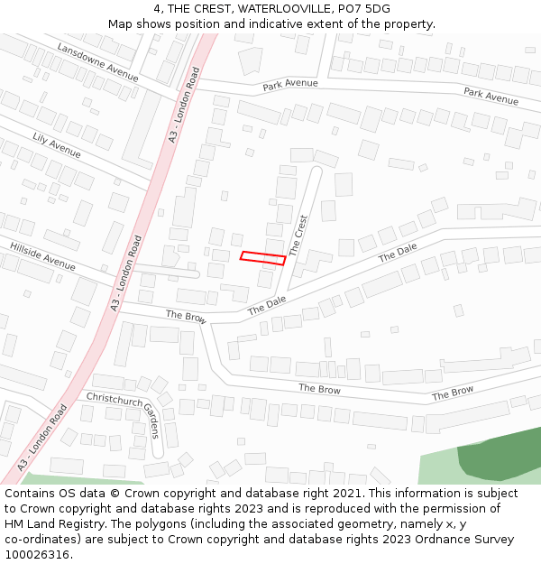 4, THE CREST, WATERLOOVILLE, PO7 5DG: Location map and indicative extent of plot