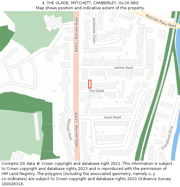 4, THE GLADE, MYTCHETT, CAMBERLEY, GU16 6BG: Location map and indicative extent of plot