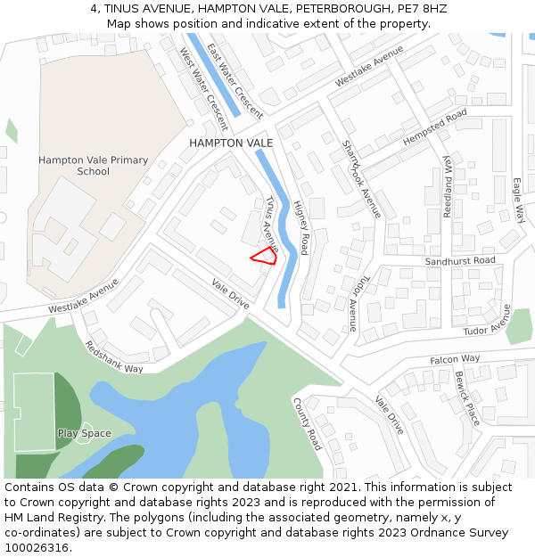 4, TINUS AVENUE, HAMPTON VALE, PETERBOROUGH, PE7 8HZ: Location map and indicative extent of plot