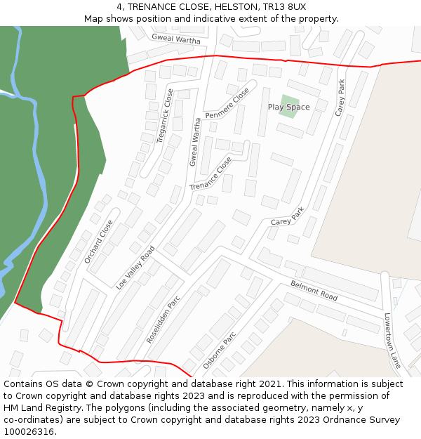 4, TRENANCE CLOSE, HELSTON, TR13 8UX: Location map and indicative extent of plot