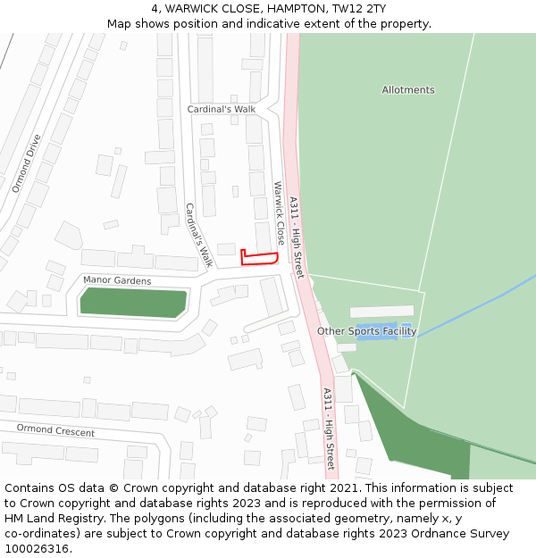 4, WARWICK CLOSE, HAMPTON, TW12 2TY: Location map and indicative extent of plot