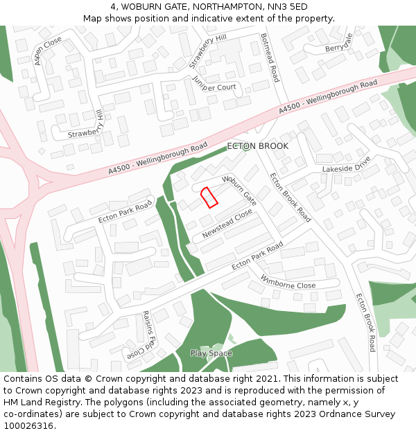 4, WOBURN GATE, NORTHAMPTON, NN3 5ED: Location map and indicative extent of plot