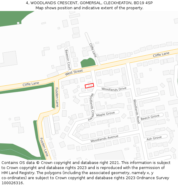 4, WOODLANDS CRESCENT, GOMERSAL, CLECKHEATON, BD19 4SP: Location map and indicative extent of plot