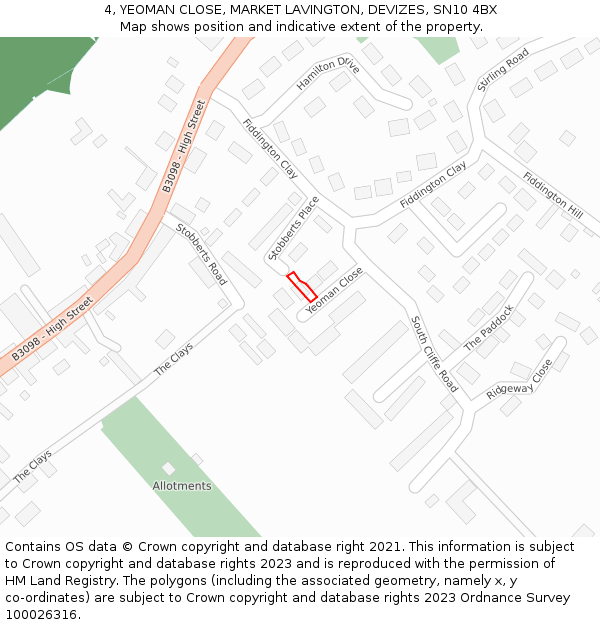 4, YEOMAN CLOSE, MARKET LAVINGTON, DEVIZES, SN10 4BX: Location map and indicative extent of plot