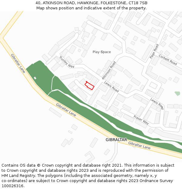 40, ATKINSON ROAD, HAWKINGE, FOLKESTONE, CT18 7SB: Location map and indicative extent of plot