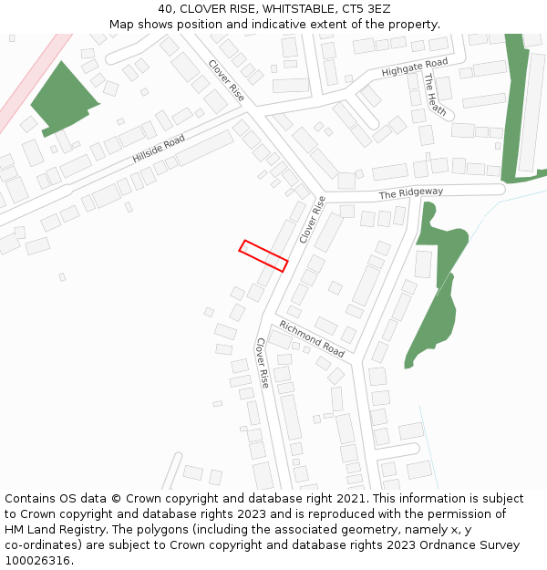 40, CLOVER RISE, WHITSTABLE, CT5 3EZ: Location map and indicative extent of plot