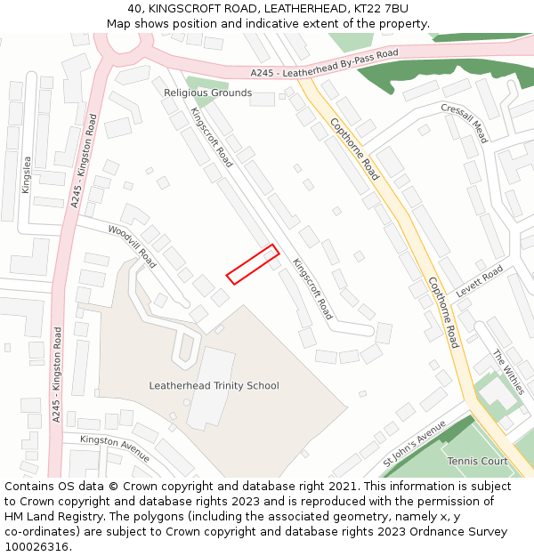 40, KINGSCROFT ROAD, LEATHERHEAD, KT22 7BU: Location map and indicative extent of plot