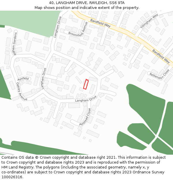 40, LANGHAM DRIVE, RAYLEIGH, SS6 9TA: Location map and indicative extent of plot