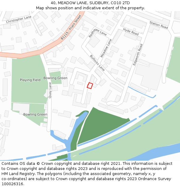 40, MEADOW LANE, SUDBURY, CO10 2TD: Location map and indicative extent of plot