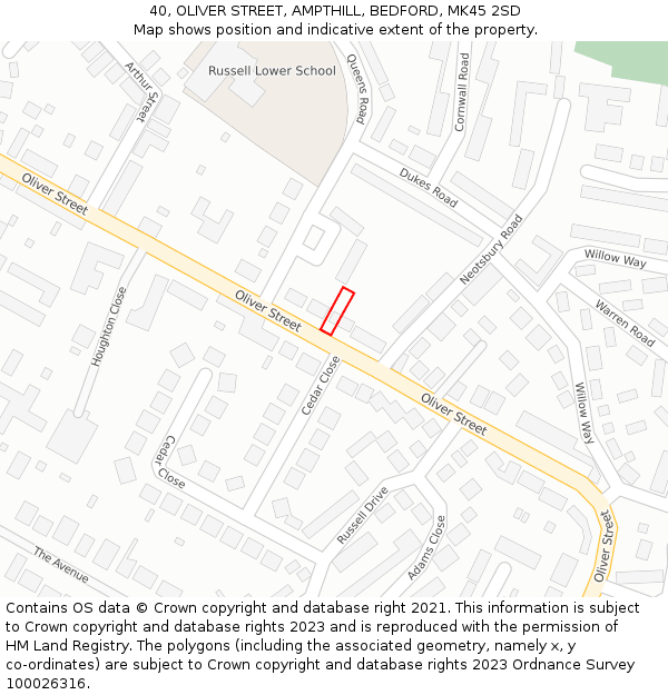 40, OLIVER STREET, AMPTHILL, BEDFORD, MK45 2SD: Location map and indicative extent of plot