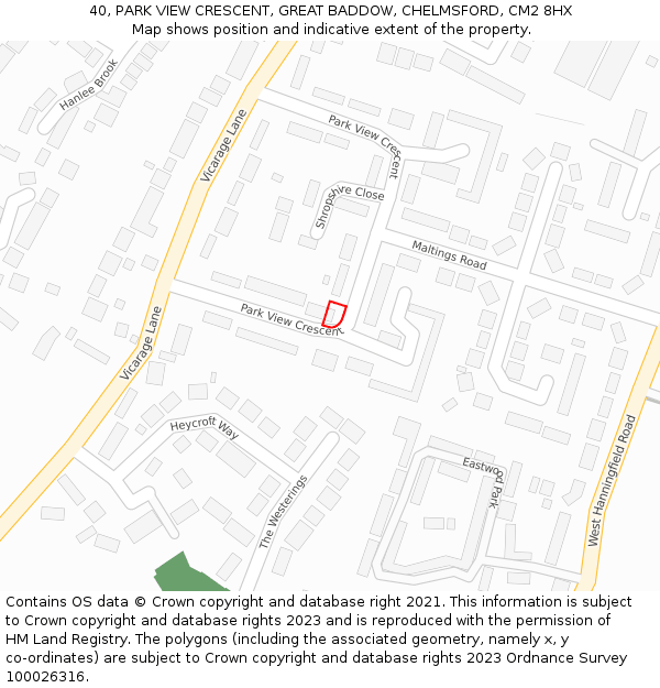 40, PARK VIEW CRESCENT, GREAT BADDOW, CHELMSFORD, CM2 8HX: Location map and indicative extent of plot