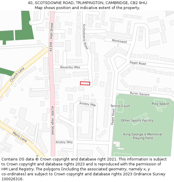 40, SCOTSDOWNE ROAD, TRUMPINGTON, CAMBRIDGE, CB2 9HU: Location map and indicative extent of plot