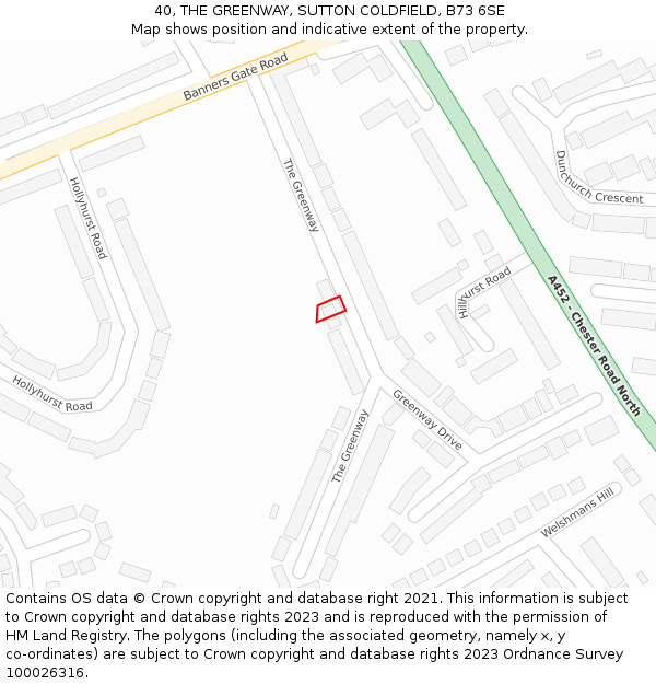 40, THE GREENWAY, SUTTON COLDFIELD, B73 6SE: Location map and indicative extent of plot