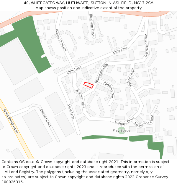 40, WHITEGATES WAY, HUTHWAITE, SUTTON-IN-ASHFIELD, NG17 2SA: Location map and indicative extent of plot