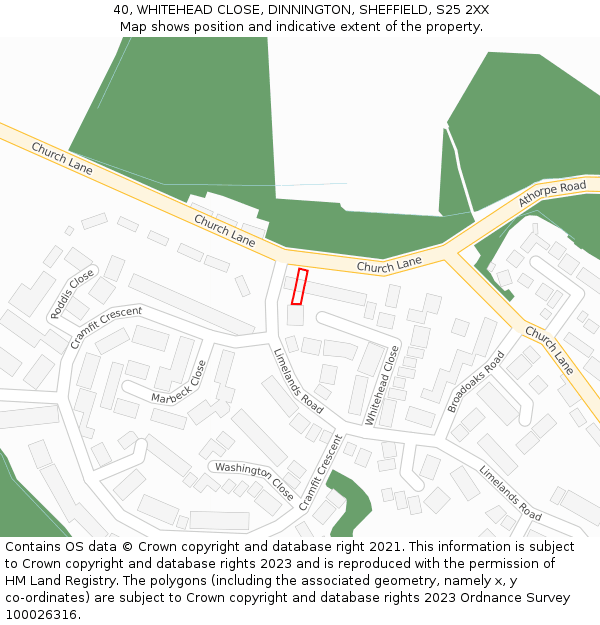 40, WHITEHEAD CLOSE, DINNINGTON, SHEFFIELD, S25 2XX: Location map and indicative extent of plot