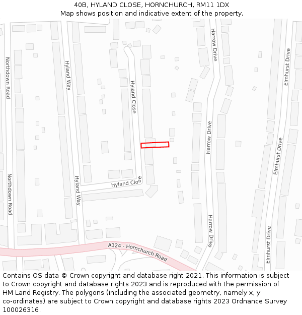 40B, HYLAND CLOSE, HORNCHURCH, RM11 1DX: Location map and indicative extent of plot