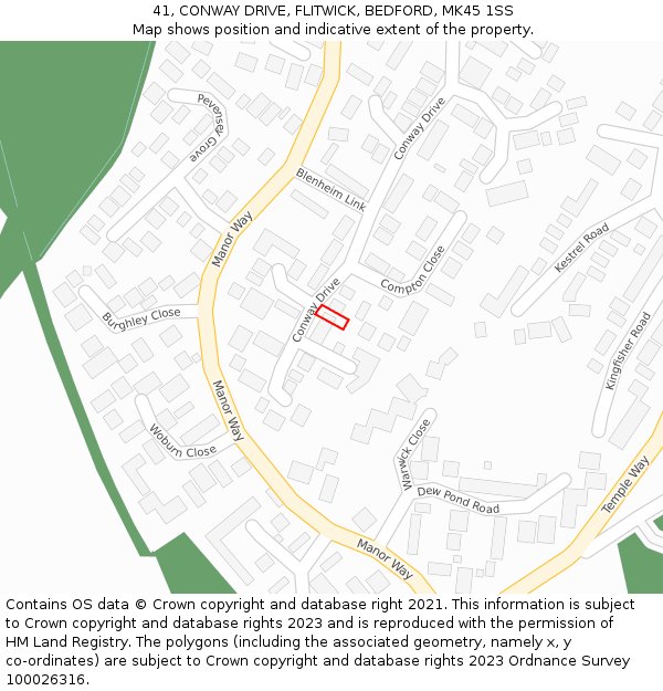 41, CONWAY DRIVE, FLITWICK, BEDFORD, MK45 1SS: Location map and indicative extent of plot