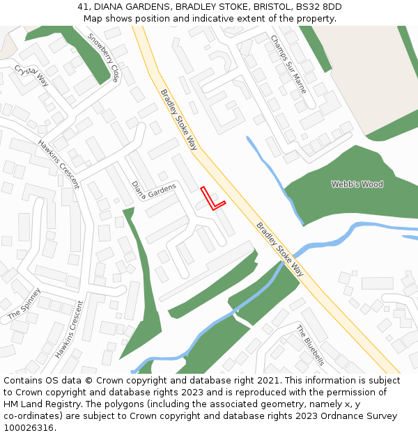 41, DIANA GARDENS, BRADLEY STOKE, BRISTOL, BS32 8DD: Location map and indicative extent of plot