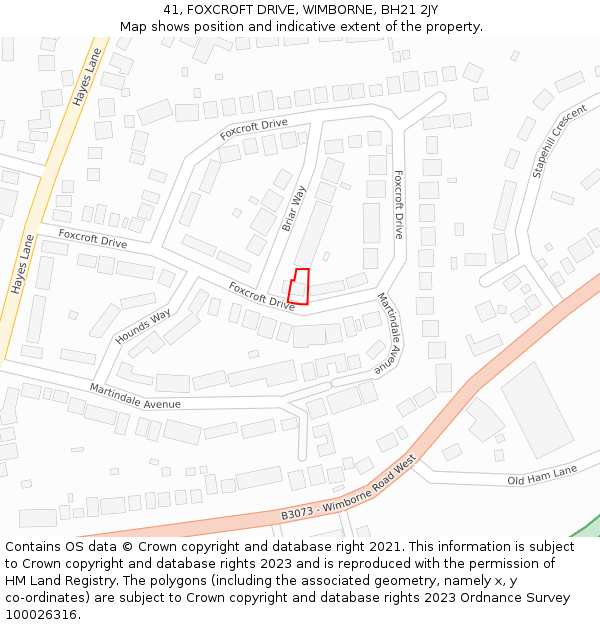 41, FOXCROFT DRIVE, WIMBORNE, BH21 2JY: Location map and indicative extent of plot