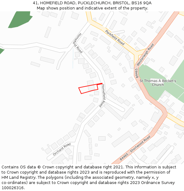 41, HOMEFIELD ROAD, PUCKLECHURCH, BRISTOL, BS16 9QA: Location map and indicative extent of plot