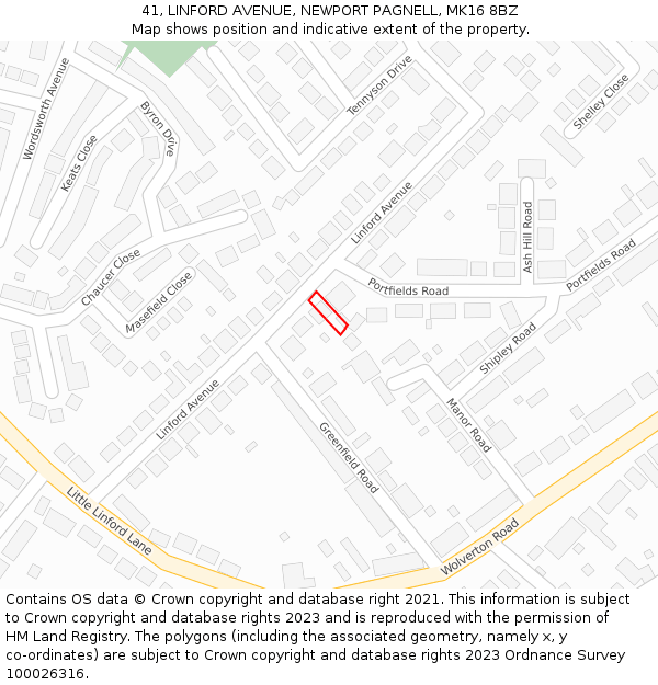 41, LINFORD AVENUE, NEWPORT PAGNELL, MK16 8BZ: Location map and indicative extent of plot