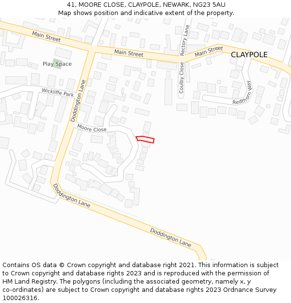 41, MOORE CLOSE, CLAYPOLE, NEWARK, NG23 5AU: Location map and indicative extent of plot