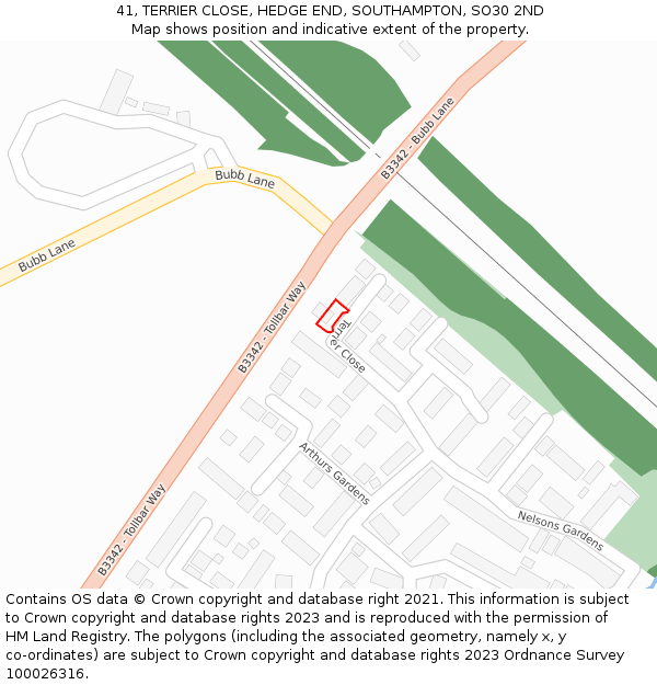 41, TERRIER CLOSE, HEDGE END, SOUTHAMPTON, SO30 2ND: Location map and indicative extent of plot