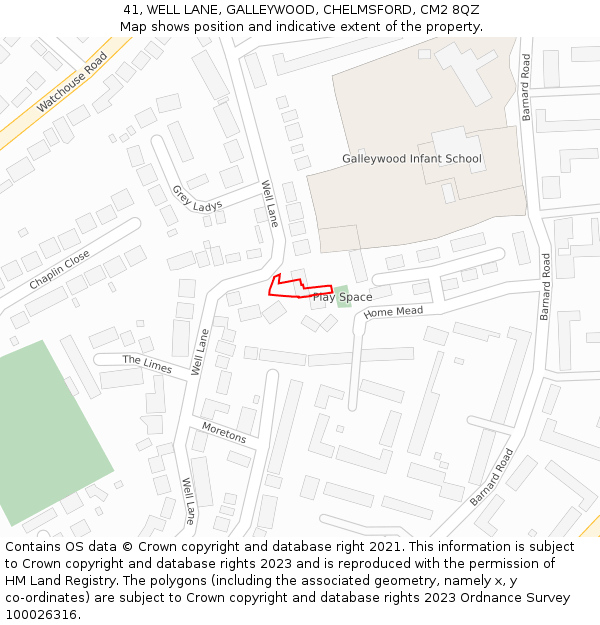 41, WELL LANE, GALLEYWOOD, CHELMSFORD, CM2 8QZ: Location map and indicative extent of plot