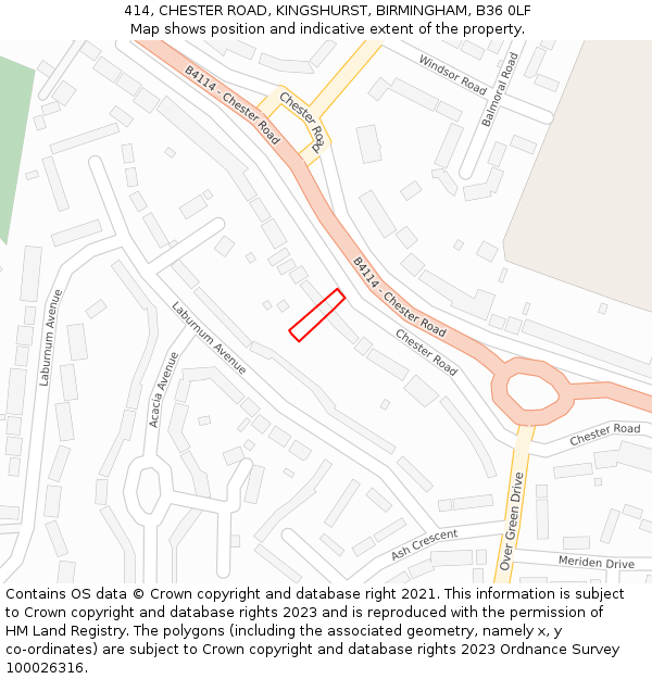 414, CHESTER ROAD, KINGSHURST, BIRMINGHAM, B36 0LF: Location map and indicative extent of plot